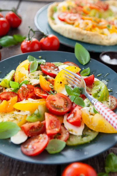 Barevný Caprese Salát Čerstvých Rajčat Mozzarella Sýr — Stock fotografie