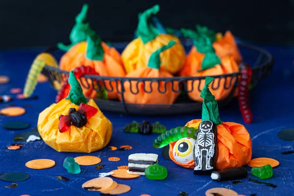 Little Give Away Packages Shape Pumpkins Filled Sweets Halloween — Stock Photo, Image