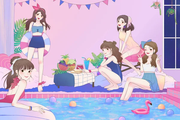 Cartoon illustration of cute Asian teen girls having fun and pool party in the large bathroom with swimsuit in vintage fashion style comic