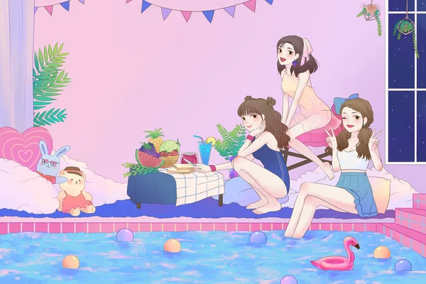 Cartoon Illustration Cute Asian Teen Girls Having Fun Pool Party — Stock Photo, Image