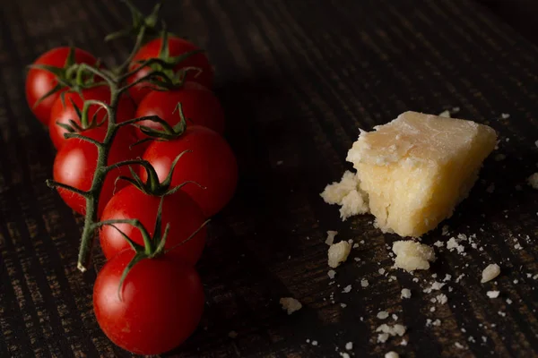 Cherry Tomatoes Cheese Black Table — Stock Photo, Image