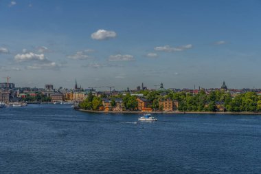 Sodermalm bölgesinden Stockholm manzarası. Skeppsholmen ve Kastellholmen Panoraması.