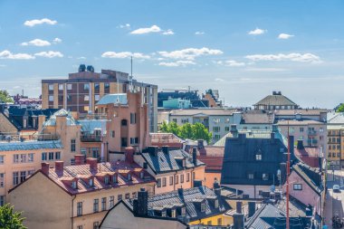 Stockholm 'deki eski evler. Sodermalm bölgesi. İsveç. İskandinavya. Panoramik görünüm.