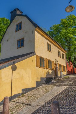 Stockholm 'deki eski evler. Sodermalm bölgesi. İsveç. İskandinavya.