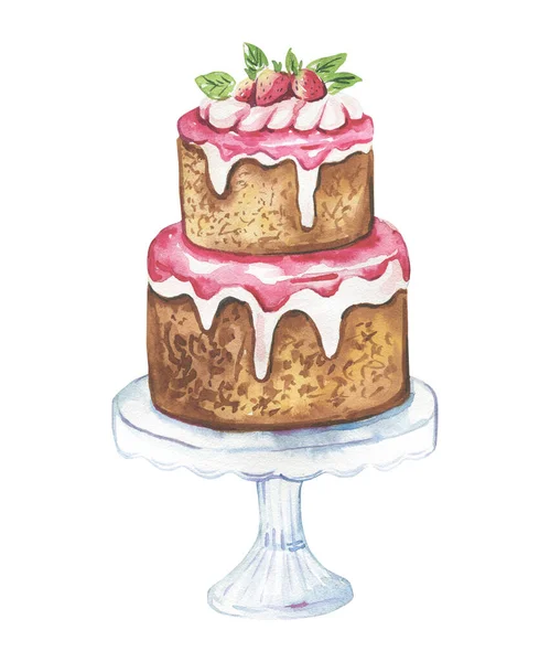 Cake hand-drawn in watercolor and isolated on a white background. — Stock Photo, Image