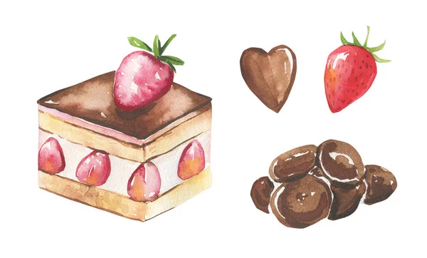 Collection of cakes, berries, chocolate hand-drawn in watercolor and isolated on a white background. — Stock Photo, Image