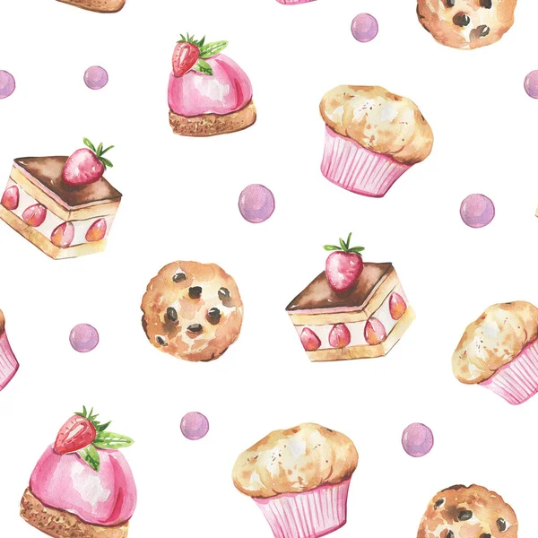 Collection of cakes, kitchen items hand-drawn in watercolor and isolated on a white background. Kitchen, cafe seamless pattern.