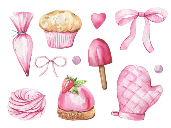 Collection of cakes, kitchen items hand-drawn in watercolor and isolated on a white background.