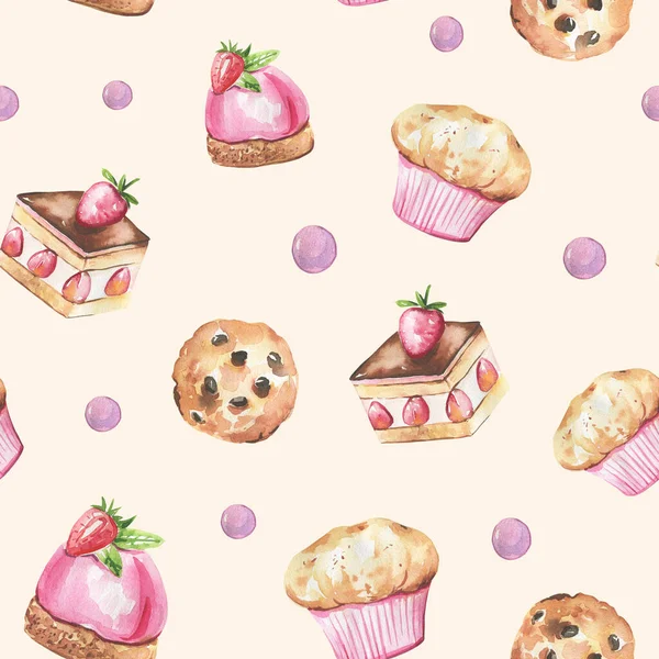 Collection of cakes, kitchen items hand-drawn in watercolor. Kitchen, cafe seamless pattern. — Stock Photo, Image