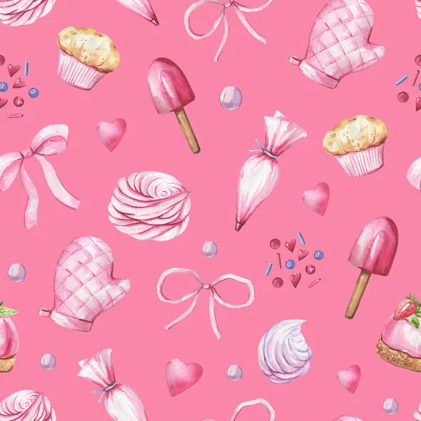 Gyűjteménye sütemények, konyhai tárgyak kézzel rajzolt akvarell rózsaszín alapon. Konyha, kávézó zökkenőmentes minta. — Stock Fotó