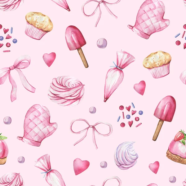 Sammlung von Kuchen, Küchenutensilien handgezeichnet in Aquarell auf rosa Hintergrund. Küche, Café nahtloses Muster. — Stockfoto