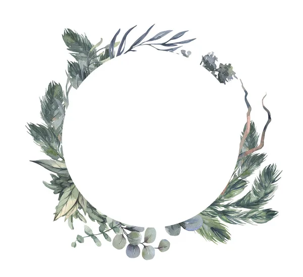 Akvarell handmålade krans med gröna blad.Akvarell blommig illustration med grenar - för bröllop inbjudan, stationära, hälsningar, tapeter, bakgrund. — Stockfoto