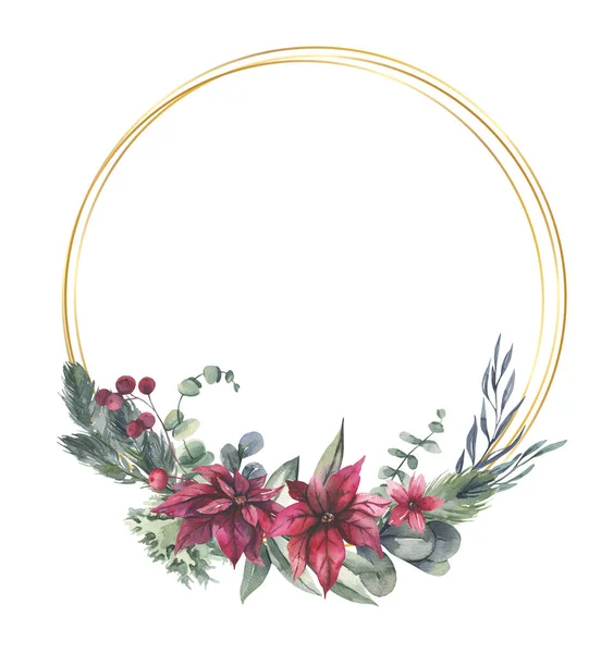 Watercolor hand painted wreath with red flowers and green leaves.Watercolor floral illustration with branches - for wedding invite, stationary, greetings, wallpapers, background. — Stock Photo, Image