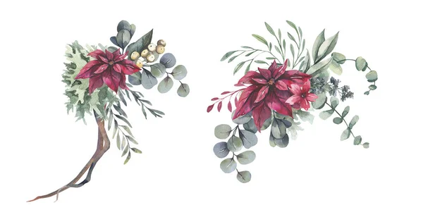 Ilustração floral aquarela - buquê com flores vermelhas de Natal, anêmonas, folhas verdes para casamento estacionário, saudações, papéis de parede, moda, fundos. — Fotografia de Stock