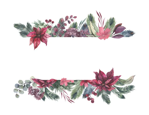 Watercolor hand painted wreath with red flowers and green leaves.Watercolor floral illustration with branches - for wedding invite, stationary, greetings, wallpapers, background. — Stock Photo, Image