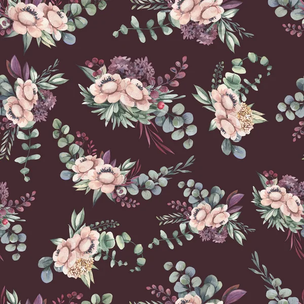 Aquarell-Blumenmuster mit verschiedenen Blättern und Blüten. Florales nahtloses Muster auf dunklem Hintergrund. — Stockfoto