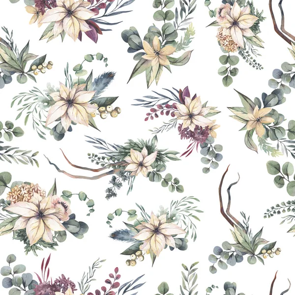 Aquarell-Blumenmuster mit verschiedenen Blättern und Blüten. Floral nahtlose Muster auf weißem Hintergrund. — Stockfoto