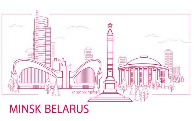 Minsk, Beyaz Rusya. Panorama, Zafer Anıtı, Belexpo Sergi Kompleksi, sirk, şehir, vektör görüntü