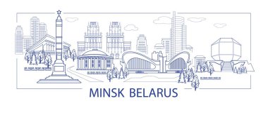 Minsk, Beyaz Rusya, Panorama, Zafer Anıtı, Spor Sarayı, tren istasyonu, sirk, Sergi Kompleksi, Milli Kütüphane, grafik, kartpostal, afiş, vektör, Illustrator
