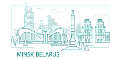 Minsk, Beyaz Rusya, Panorama City, Belexpo sergi karmaşık, Zafer Anıtı, tren istasyonu, grafik, kartpostal, afiş, vektör, Illustrator