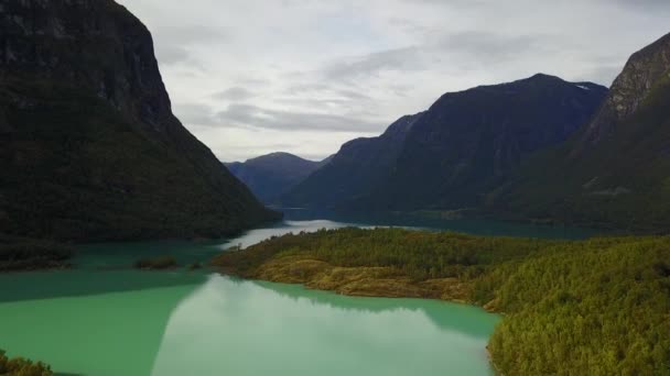 Geiranger Fjord Lovatnet Lake Aerial View Norway — Stock Video