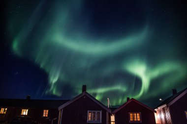 Norveç'te Lofoten adalarında Reine üzerinde Kuzey ışıkları