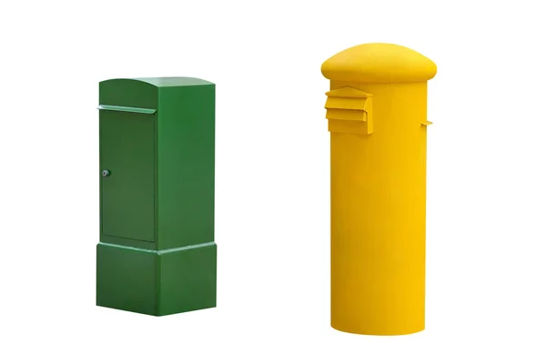 Yellow Green Street Mailboxes Isolated White Background — Stock Photo, Image