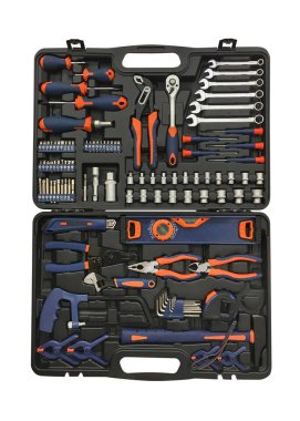 Beyaz arkaplanda izole edilmiş inşaat araçları ile durum