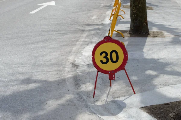 Traffic sign 30 km speed limit on the road — Stock Image Traffic Sign Speed Limit Road Stock Photo