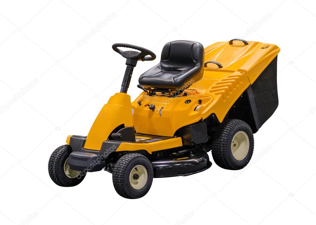 yellow motorized lawn mower isolated on white background