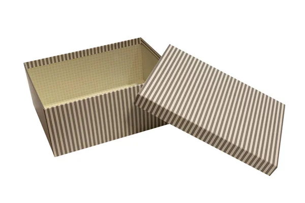 Caixa de papelão listrado presente isolado no fundo branco — Fotografia de Stock