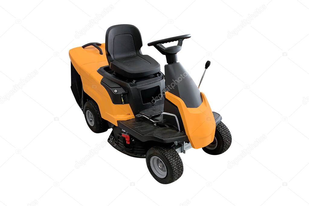 yellow motorized lawn mower isolated on white background