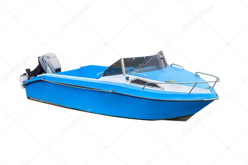 blue boat with motor isolated on white background