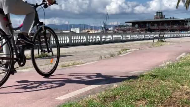 Fietsers Rijden Langs Het Fietspad Aan Waterkant Slow Motion — Stockvideo