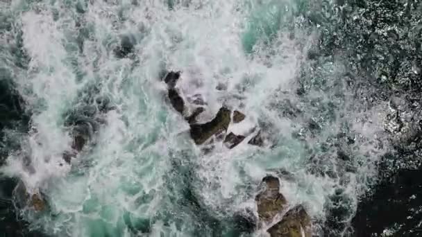 Sea Waves Crashing Rocky Shore Top View Drone Background Video — Stock Video