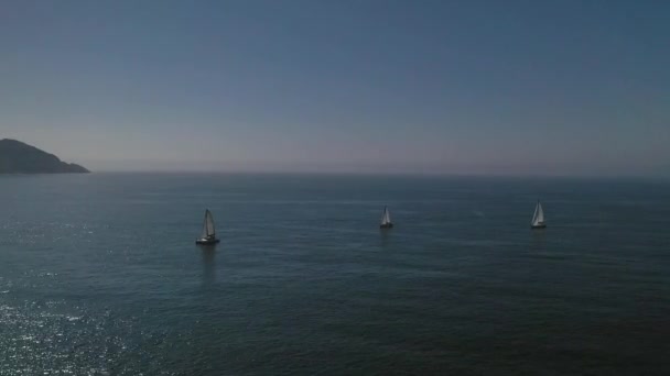 Vita Segelbåtar Det Blå Havet Uppifrån Visa Video Från Drone — Stockvideo