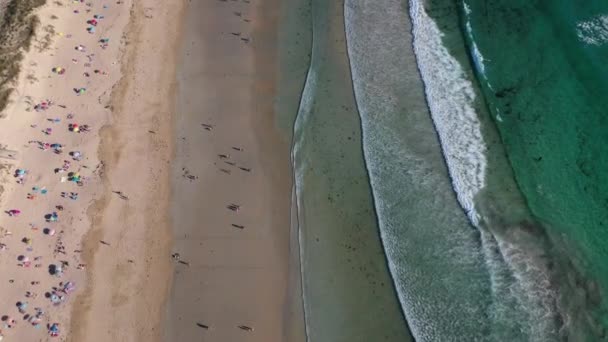 Fale Oceanu Piaszczysta Plaża Osobami Kąpiąc Się Widok Wodę Drone — Wideo stockowe