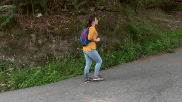 Vandrare Kvinna Med Ryggsäck Promenader Skogen Slow Motion — Stockvideo