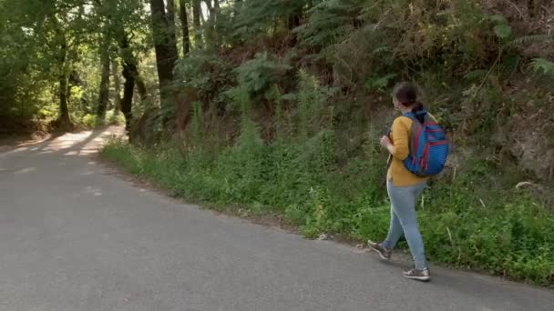 森の中を歩くバックパックを持つハイカー女性 スローモーション — ストック動画