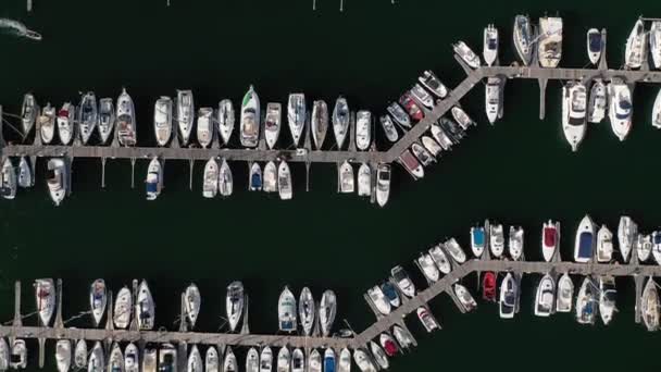 港のバースで白いヨット ドローンからの航空写真 4Kビデオ — ストック動画