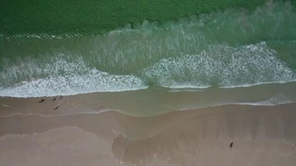 Havsvågor Sandstrand Med Människor Som Går Längs Stranden Carnota Beach — Stockvideo