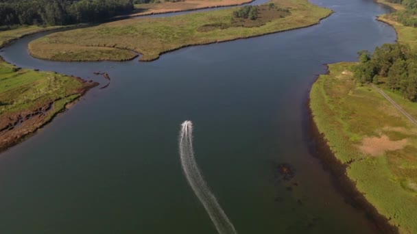 Człowiek Jeździ Jet Ski Rzece Widok Lotu Ptaka Drona — Wideo stockowe