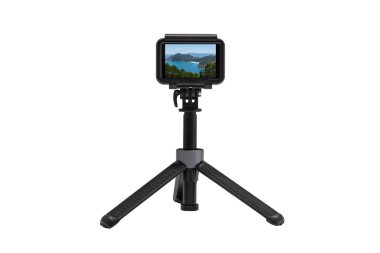 action camera on a tripod with the image of a beautiful tropical island on the screen isolated on a white background rear view clipart