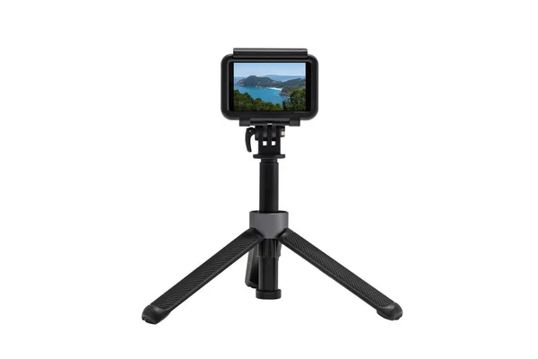 Action Camera Tripod Image Beautiful Tropical Island Screen Isolated White — Stock Photo, Image