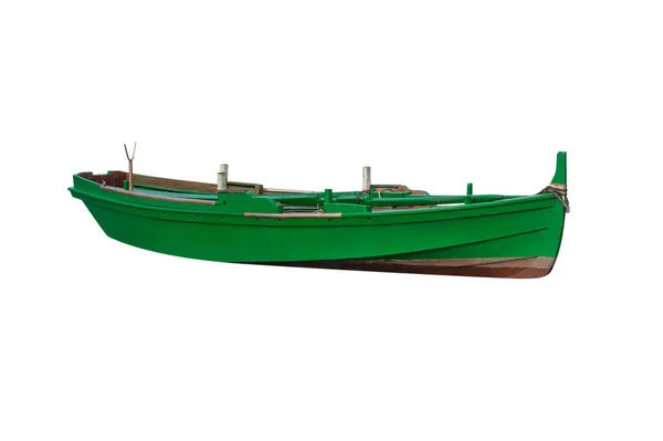 Groene Houten Vissersboot Met Gevouwen Riemen Geïsoleerd Witte Achtergrond — Stockfoto