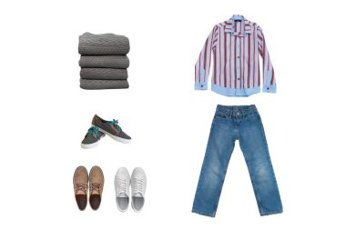 Giysi, kot pantolon, gömlek, kazak ve ayakkabılar beyaz arka planda izole edilmiş, koleksiyon