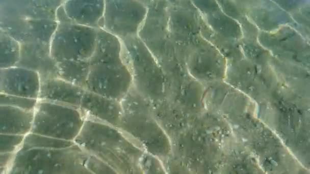 vue d'en haut du sable jaune sur le fond marin à travers l'eau claire transparente par une journée ensoleillée, gros plan, éblouissement du soleil à la surface de l'eau, ondulations sur la surface de l'eau, fond, fond d'écran, ralenti