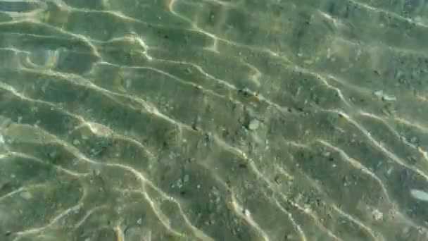 vue d'en haut du sable jaune sur le fond marin à travers l'eau claire transparente par une journée ensoleillée, gros plan, éblouissement du soleil à la surface de l'eau, ondulations sur la surface de l'eau, fond, fond d'écran, ralenti