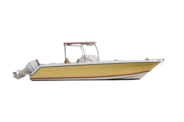 Barca Motore Gialla Con Tenda Solare Isolata Sfondo Bianco — Foto Stock