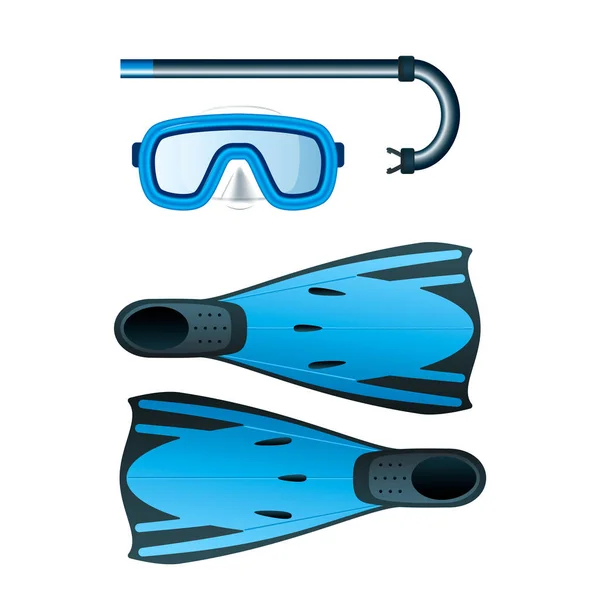 Kit de buceo de color azul con snorkel, máscara y aletas . — Vector de stock